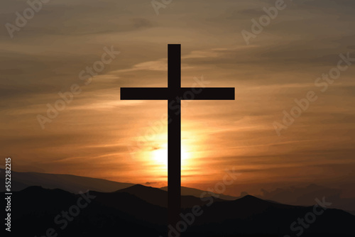 Vector silhouette of cross on sunset background. Symbol of Christianity and religion. © majivecka