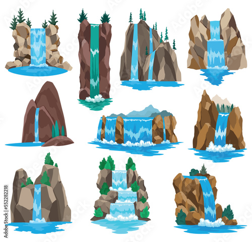 Collection of cartoon river cascade waterfalls. Landscapes with mountains and trees. Design elements for travel brochure or illustration mobile game. Fresh natural water