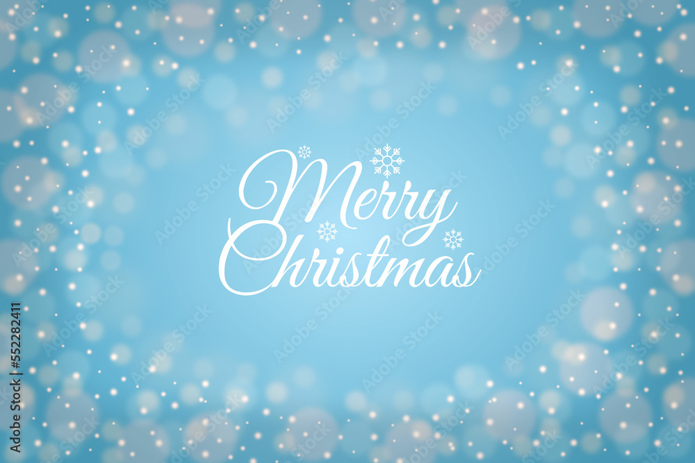 Merry Christmas Holiday Banner on Snowy Blue With Blurred Snowflake Background