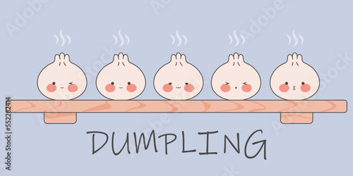 Cute dumplings in bamboo steamer. Kawaii dim sum. Asian Traditional Cuisine. Stock vector illustration in cartoon flat style