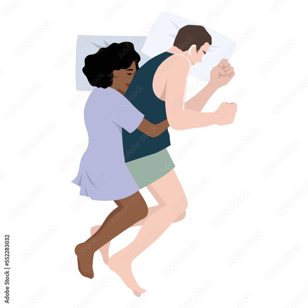 Cute sweet young couple lying in bed and cuddling. Sleep. Night. Characters guy and girl sleeping in bed. Quarantine isolation. Flat vector illustration isolated on white background Cute sweet young couple lying in bed and cuddling. Sleep. Night. Characters guy and girl sleeping in bed. Quarantine isolation. Flat vector illustration isolated on white background