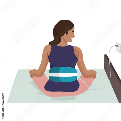 Woman using Electric heating pad. Flat vector illustration isolated on white background