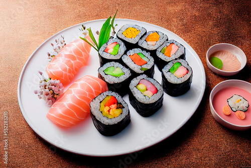 Japanese sushi Maki ands rolls with tuna, salmon, shrimp, crab and avocado.
