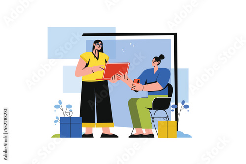 Post color concept with people scene in the flat cartoon design. Manager explains to new worker how to send parcels. Vector illustration.