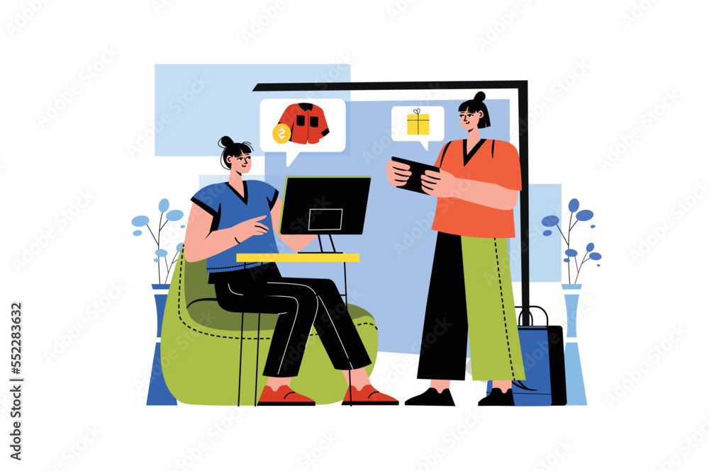 Color concept Online shopping with people scene in the flat cartoon style. Two girls choose different clothes on the online store. Vector illustration.