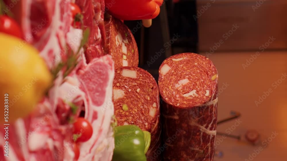 Vertical Screen: Meat industry set of multiple raw products from bio ...