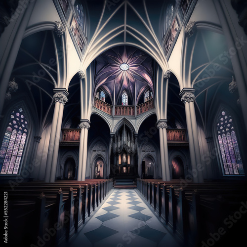 Church Cathedral Symmetrical View of Pews and Columns   Midjourney Ai Generated 