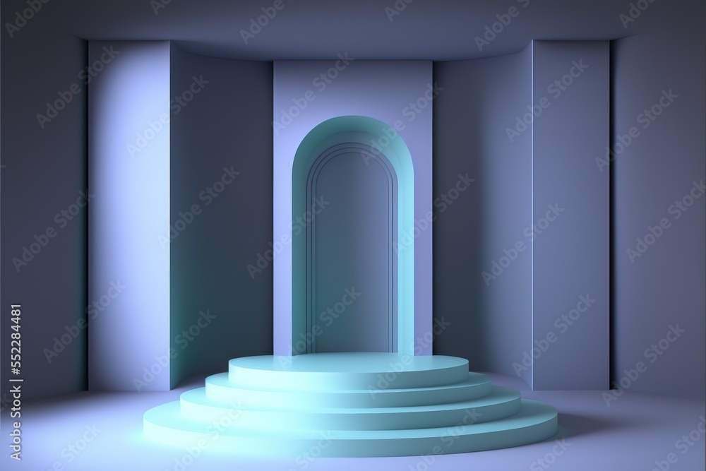 Product showcase for demo display. 3d rendering. Cylindrical podium in the arch. AI
