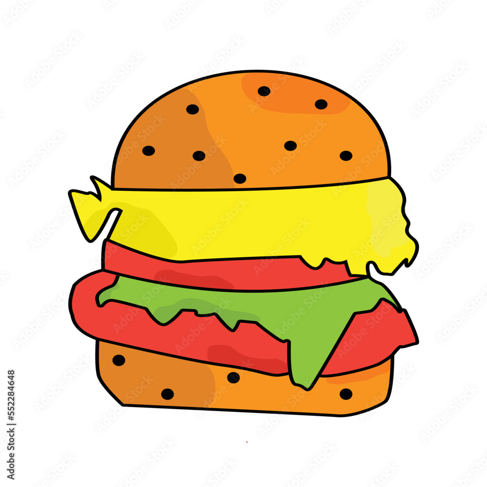 Burger hand-drawn vector illustration. Cartoon style. Isolated on white background. This vector can also be used as a product logo or a brand logo. Design for banner, poster, card, print, menu Burger hand-drawn vector illustration. Cartoon style. Isolated on white background. This vector can also be used as a product logo or a brand logo. Design for banner, poster, card, print, menu
