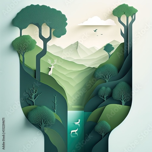 papercut illustration, vertical landscape, minimalist of green mountain , tree, river and deer, AI