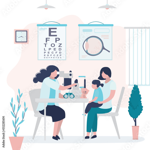 Doctor checks small child vision. Mother with daughter on exam at ophthalmologist. Instruments for eye examination. Ophthalmology, eyesight check, healthcare.