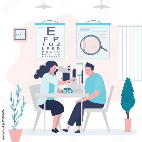 Man at ophthalmologist doctor appointment. Patient checks eyesight with optometrist. Clinic office room with various tools for vision test. Ophthalmology, eye examination.