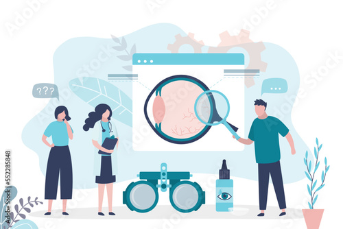 Girl checks eyesight with ophthalmologist. Ophthalmological tools for vision testing. Female character on examination by group of opticians. Vision correction and healthcare.