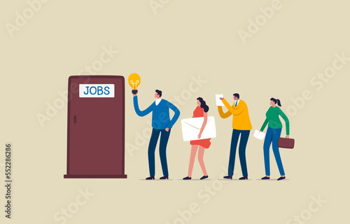 Choosing talent for job vacancy or company. Job interview candidates waiting outside room. Illustration