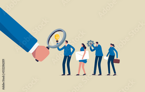 Find the Right Candidates. Human resources.  HR using magnifying glass to select people for job interview. Illustration