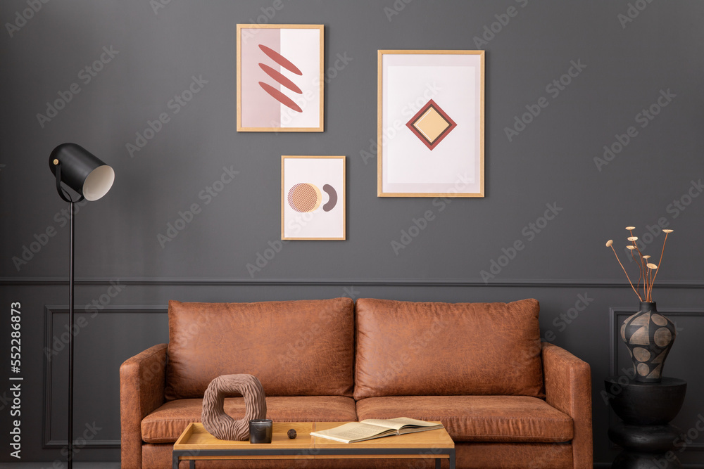 Dark Brown Sofa With Grey Walls | Cabinets Matttroy