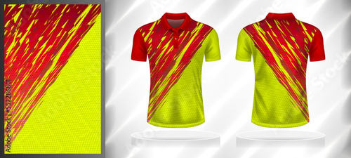 Vector sport pattern design template for Polo T-shirt front and back with short sleeve view mockup. Red-yellow color gradient abstract geometric texture background illustration.