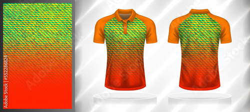 Vector sport pattern design template for Polo T-shirt front and back with short sleeve view mockup. Orange-yellow-red-green color gradient abstract grunge line texture background illustration.