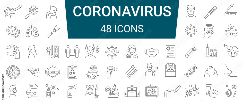 Set of 48 coronavirus COVID-19 pandemic respiratory pneumonia 2019-nCoV line icons. Editable stroke - obrazy, fototapety, plakaty 