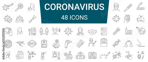 Set of 48 coronavirus COVID-19 pandemic respiratory pneumonia 2019-nCoV line icons. Editable stroke photo