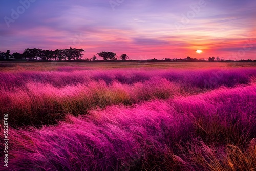 Tranquil sunset over a pink and purple field. 