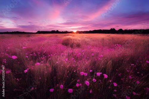 Tranquil sunset over a pink and purple field. 