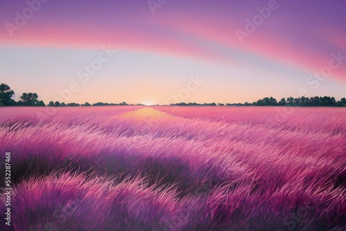Tranquil sunset over a pink and purple field. 