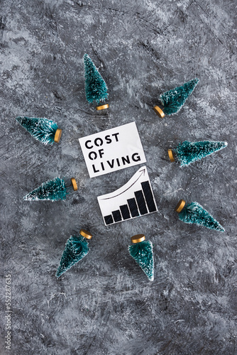 Cost of Living graph with stats going up surrounded by mini Christmas trees, inflation rising during the 2022 festive season