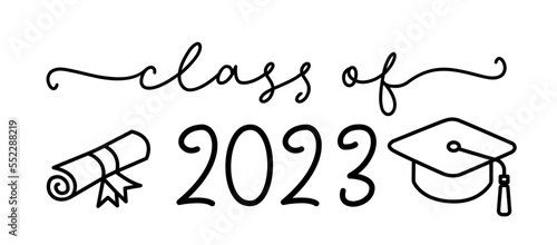 Graduation logo with cap and diploma for high school, college graduate. CLASS OF 2023. Template for graduation design, party. Hand drawn font for yearbook class of 2023. Vector illustration.