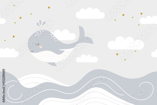 Hand drawn seamless background of clouds and waves. Sleeping cartoon cute whale. Kids design in pastel colors. Wall art of the nursery.