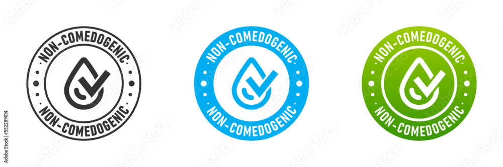 Non comedogenic icon. Droplet and checkmark in circle with lettering. Vector illustration. Non comedogenic icon. Droplet and checkmark in circle with lettering. Vector illustration.