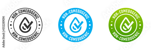 Non comedogenic icon. Droplet and checkmark in circle with lettering. Vector illustration.