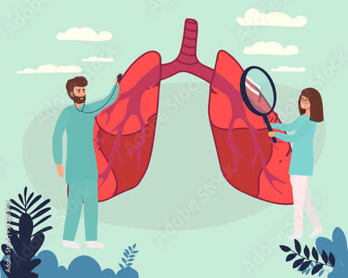 Pulmonology vector illustration. Flat tiny lungs healthcare persons concept. Abstract respiratory system examination and treatment. Internal organ inspection check for illness, disease or problems.