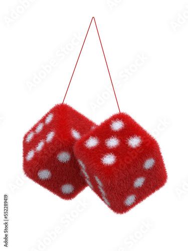 Pair of fuzzy dices for cars on white background 3d rendering