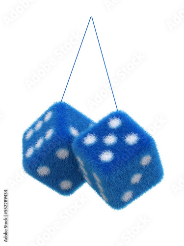 Pair of fuzzy dices for cars on white background 3d rendering