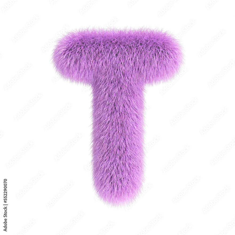 Hairy font, furry alphabet, 3d rendering, letter T Hairy font, furry alphabet, 3d rendering, letter T