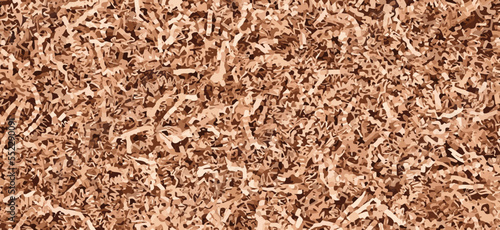 Vector brown crinkle cut fries texture. Beige paper shred pattern. Craft cardboard stripe shape. Post box filler. Natural cut material for postal package. Recycle corrugated cardboard banner