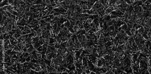 Vector black crinkle cut paper texture. Craft paper shred pattern. Dark cardboard stripe shape. Post box filler. Natural cut material for postal package. Recycle corrugated cardboard banner. Confetti