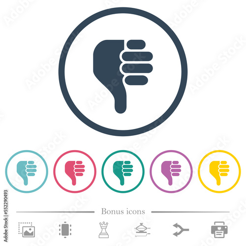 left handed thumbs down solid flat color icons in round outlines photo