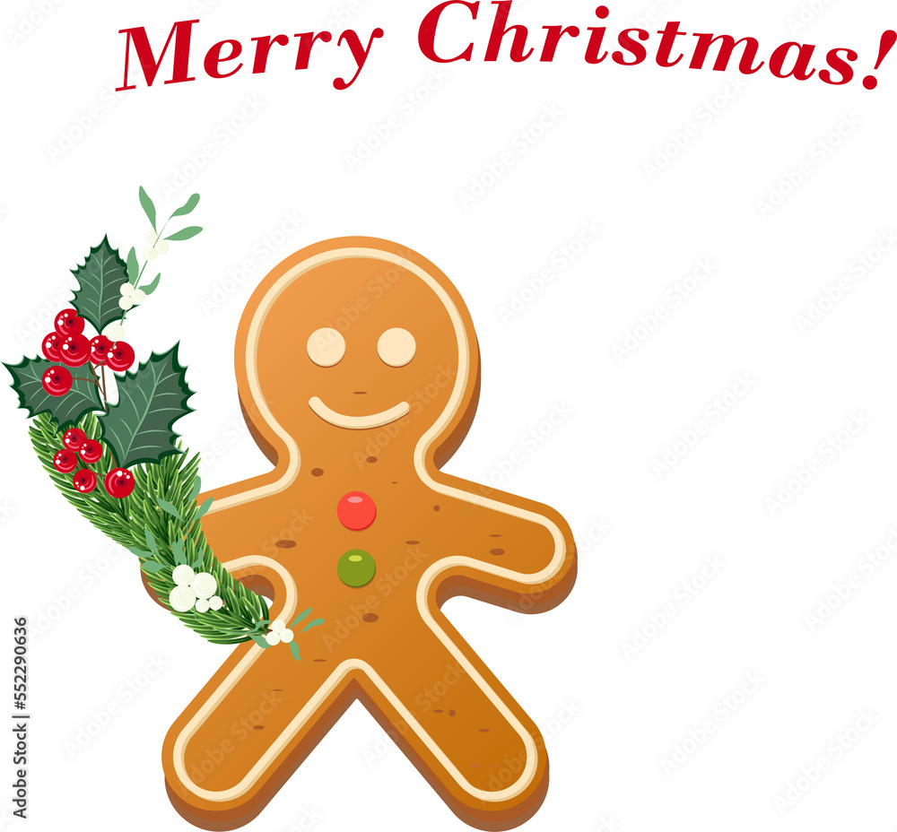 Fototapeta premium Holiday gingebread cookie with a branch of holly. Christmas nad New Year celebration. Vector illustration.
