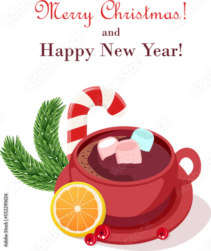 Christmas mug of cocoa or hot chocolate with marshmallow . Design for Christmas and New Year card, poster, banner, postcard, print. Vector illustration.
