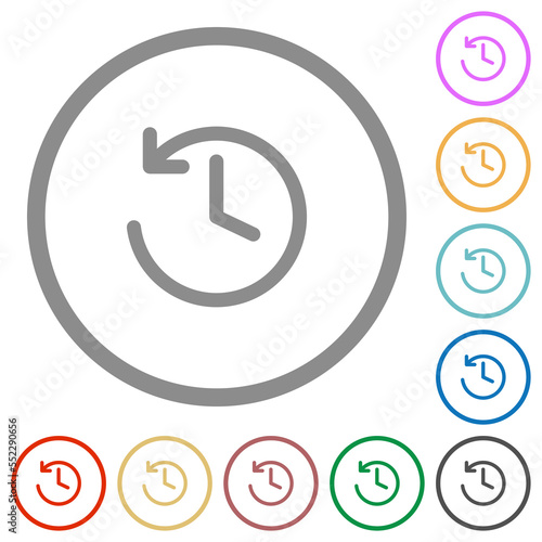 Circle shaped backward arrow and clock flat icons with outlines