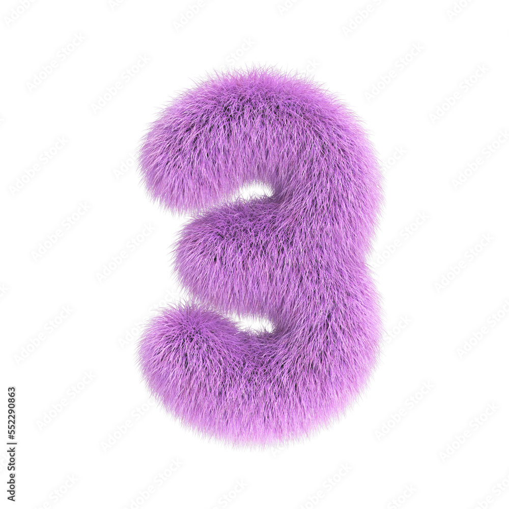 Hairy font, furry alphabet, 3d rendering, number 3