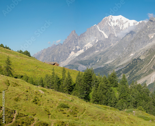 The Mont Blanc massif from Val Ferret valley in Italy.