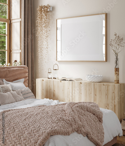 Mockup frame in cozy beige bedroom interior background, 3d render photo