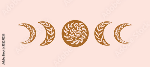 Floral Moon Phase vector Illustration. Trendy linocut celestial shapes with leaves. Crescent and half moon vintage logo design. Mystical silhouette cosmic elements for print, posters, social media.