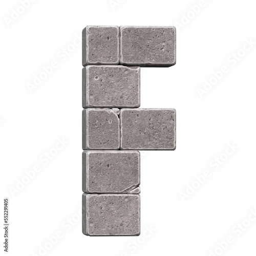 Stone font, letters made of stone blocks 3d rendering, letter F