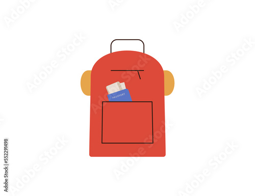 Red backpack for hiking with documents and camping gear. Hand luggage for airplane with passport and tickets. Travel bag isolated on white background. Vector illustration
