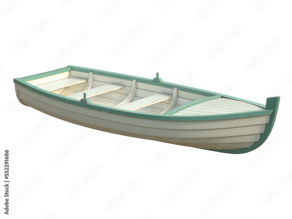 Wooden row boat painted in white and green isolated on white background 3d rendering Wooden row boat painted in white and green isolated on white background 3d rendering