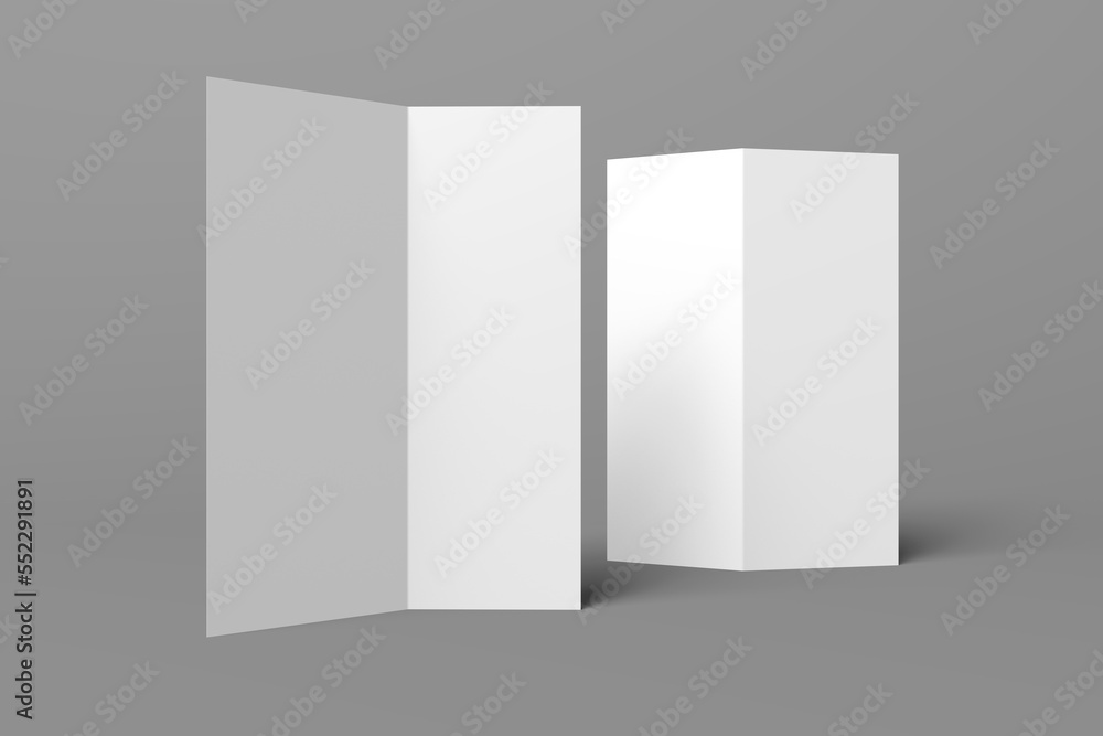 3D realistically rendered half fold brochure mockup drawing. Brochure mockup standing on isolated gray background. Half folded brochure mockup lying open. 3D realistically rendered half fold brochure mockup drawing. Brochure mockup standing on isolated gray background. Half folded brochure mockup lying open.